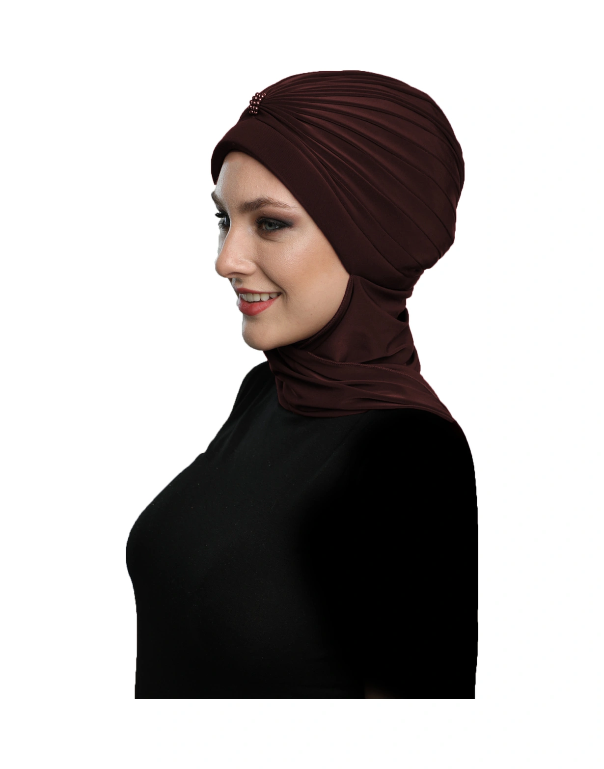 Incili Atkılı El Işi Inci Işlemeli Kahve Hazır Türban Tesettür Bone Kahve