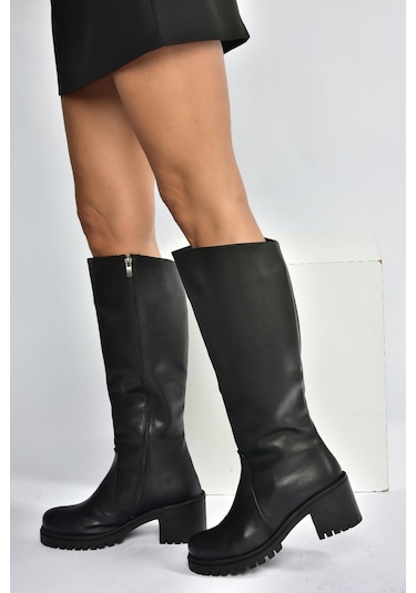 Fox Shoes V726800209 Siyah Kalın Topuklu Klasik Kadın Çizme Siyah-Suni Deri