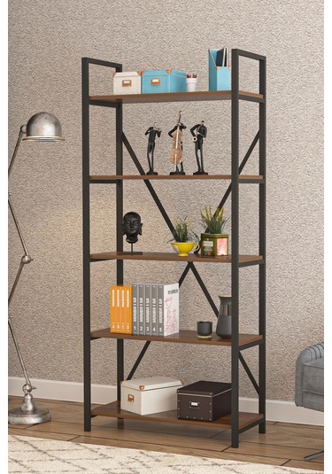 Wood House - Deniz Metal 5 Raflı Kitaplık-ceviz