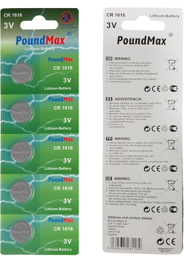 Poundmax 1616 Dl1616 3v Lityum Düğmeli Piller 5'li Paket