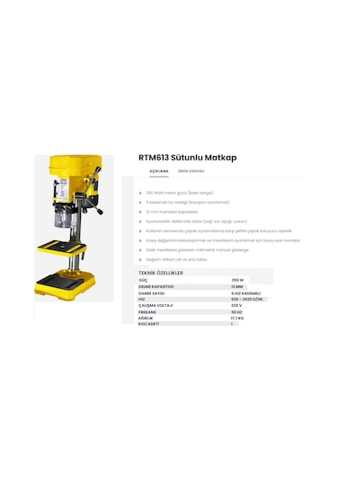Rtrmax RTM 613 Sütunlu Matkap 13 mm 350 W