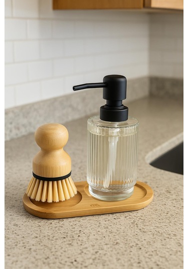 3 Parça Bambu Altlıklı Sabunluk Ve Temizlik Fırça Seti Bambu