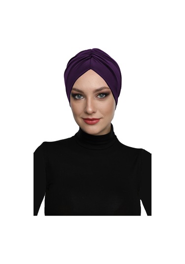 Büzme Çift Taraflı Mor Hazır Türban Tesettür Havuz Bonesi Mor