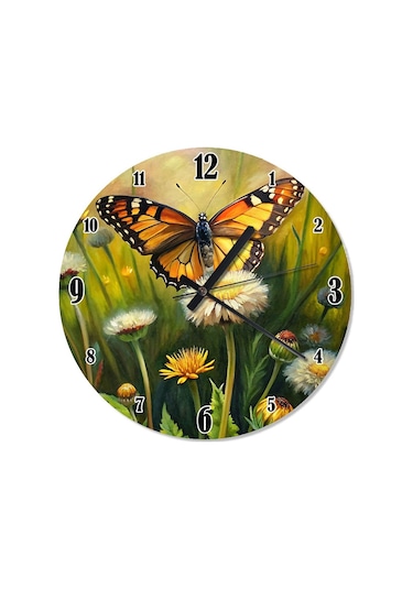 Sarı Kelebek Ve Çiçekler Dekoratif Duvar Saati