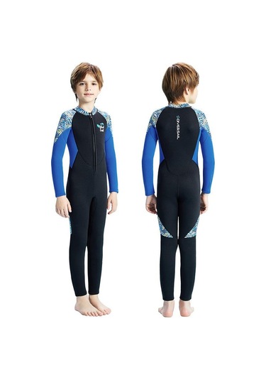 Dalış Ve Yelken 2.5 Mm Çocuk Kalınlaşmış Sıcak Tek Parça Uzun Kollu Wetsuit Anti-soğuk Şnorkel Sörf Elbisesi Mavi