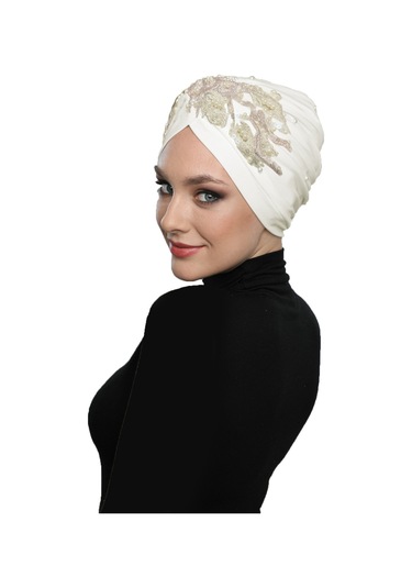 Kopma Astarlı İşlemeli Krem -pudra Dantel Motifli Hazır Türban Tesettür Abiye Bone Krem - Pudra