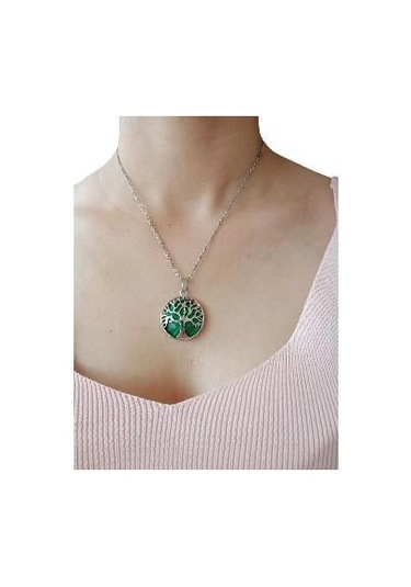 Malachıte Doğal Taşlı Hayat Ağacı Çelik Kolye - Kadın Yeşil