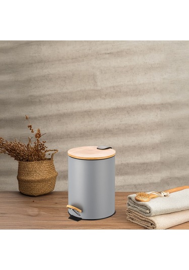 Bambu Kapaklı Pedallı Metal Çöp Kovası - 5 Lt. - Gri Gri