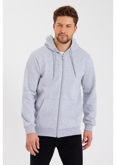 Comeor Kanguru Cepli Kapüşonlu Fermuarlı İçi Pamuklu Erkek Sweatshirt Gri