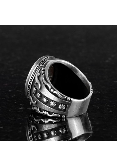 Yapılmış Taş Yüzük, 925 Ayar Gümüş Yüzük, Tasarım Gümüş Erkek Yüzüğü Yapılmış Granat Taşı Gümüş