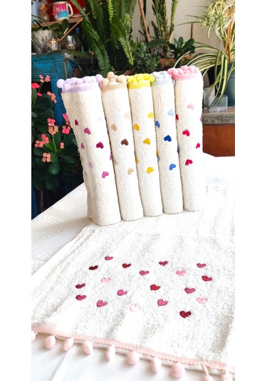 Annem 30x50 Cm. 6'lı Set Kalp Nakışlı Ponponlu Bukle Havlu Set