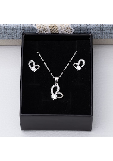 Kalp Tektaş Model 925 Ayar Gümüş Kadın 2'li Set Gümüş