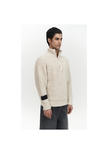 Zane Fermuar Detay Bej Erkek Triko Kazak Bej