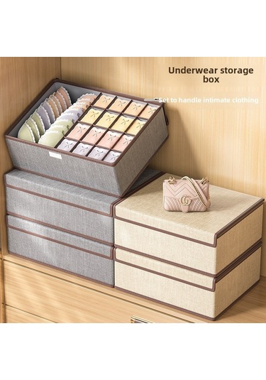Bej Pamuk Ve Keten Kumaş 17 Izgaralı İç Çamaşırı Saklama Kutusu, Kapaklı Çekmece Tarzı Bölücüler Bej
