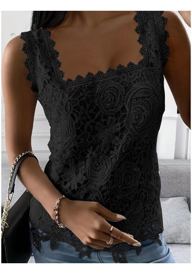 Yaz Kadın Yelek Kare Yaka Dantel Kolsuz Tank Top Siyah