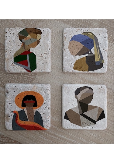 Renkli Vektör İnci Küpeli Kız Ve Portreler Doğal Taş Bardak Altlığı 4'lü Set - Natural Stone Coasters - Taş Çok Renkli