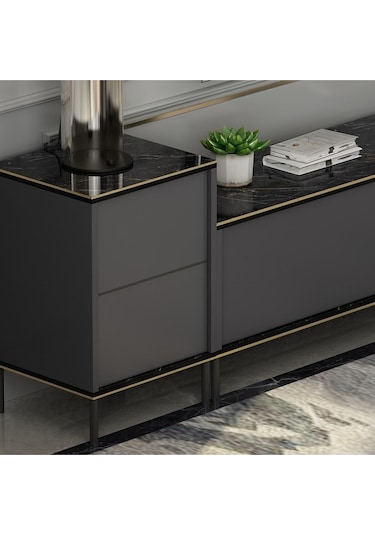 İmaj Tv Ünitesi Ve Komodin Set Traverten/gold, Oturma Odası Set, Tv Sehpası - Antrasit Antrasit