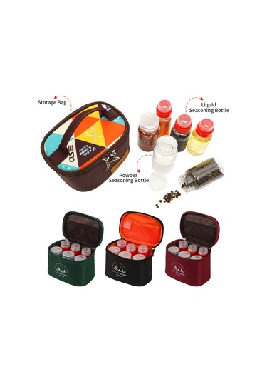 Samdoo Mekanik Outdoor Picnic Baharat Seti 6'lı - Sıvı Ve Toz Baharat İçin Taşınabilir Pet Kavanozlar İle Oxford Bezi Çanta Koyu Yeşil Çok Renkli