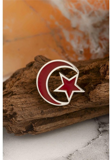 925 Ayar Gümüş Ayyıldız Mineli Rozet -8064 Gümüş