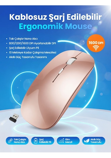 Şarj Edilebilir Kablosuz Mouse Dual Mode 1600 Dpı Ergonomik 2.4g Bluetooth Cns-gold 1