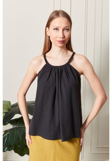 Şık Farklı Tarz Keten Işıl Bluz - Zarif Ve Modern Tasarım Siyah