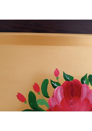 Altın Varaklı El Boyaması Gül Desenli Ahşap Nişan/sunum Tepsisi Altın