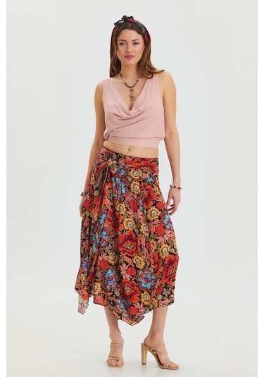 Beli Bağlamalı Salaş Midi Kloş Etek Siyah