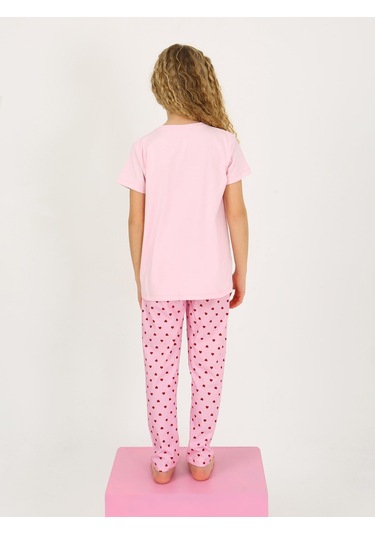 Kız Çocuk Kısa Kollu %100 Pamuklu Pijama Takımı Cute Love Toz Pembe