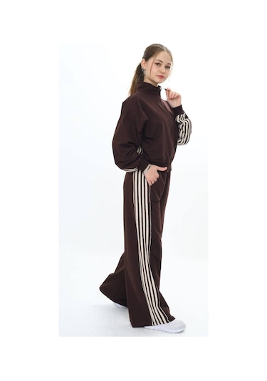 Kız Çocuk %100 Pamuk Oversize Alt&üst Uzun Kol Eşofman Takımı-183-eşt-0023 Kahverengi