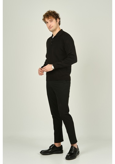 Ateş Triko Erkek Polo Yaka Düğmeli Yün Kazak 6091023 Siyah Siyah