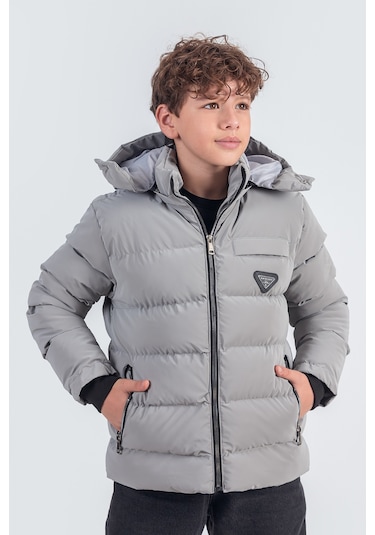 Nova Kumaş Kapüşonlu Erkek Çocuk Kışlık Mont Km2509 Gri