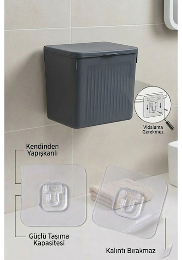 Askılı Ve Yapışkanlı Mutfak Ve Banyo İçin Pratik Çöp Kovası 8lt Antrasit