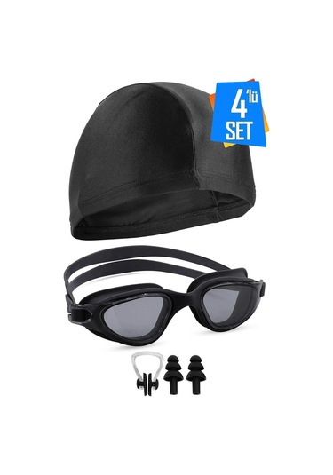 4lü Set Swimmer Pro Buğu Yapmaz Havuz Deniz Yüzücü Gözlüğü Boneli Tıkaçlı Uv Korumalı Yüzme Gri - Siyah