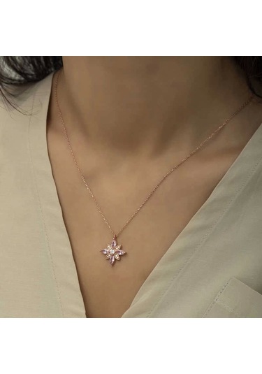 Gümüş Rose Pembe Taşlı Umut Çiçeği Kolye Çok Renkli