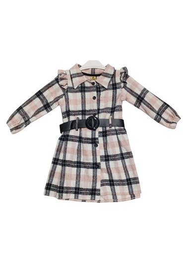 Kız Çocuk Düğme Kapamalı Kemerli Ekose Desen Pudra Oduncu Elbise Pudra