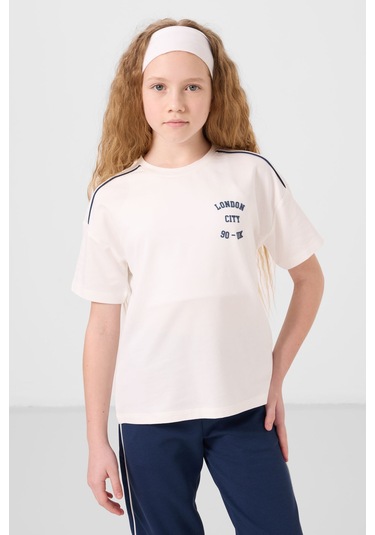 Ekru-parlament O Yaka Baskılı Lastik Paçalı Standart Fit Kız Çocuk Eşofman Takım - 75186 Ekru/parlament Ekru - Parlament Mavi