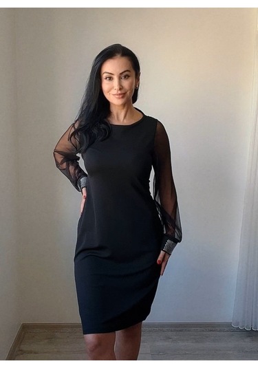 Supplierby Kadın Uzun Kollu Yakası Yanlardan Hafif Açık Kollar Tül Ve Taş Detay Kısa Krep Elbise Siyah