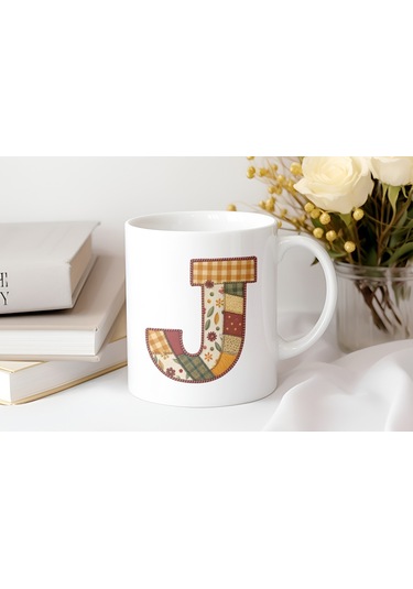 J Harfi Sonbahar Kış Temalı Yamalı Tasarım Kupa Bardak - Etnik Ve Pathwork Severlere Özel Hediye Beyaz