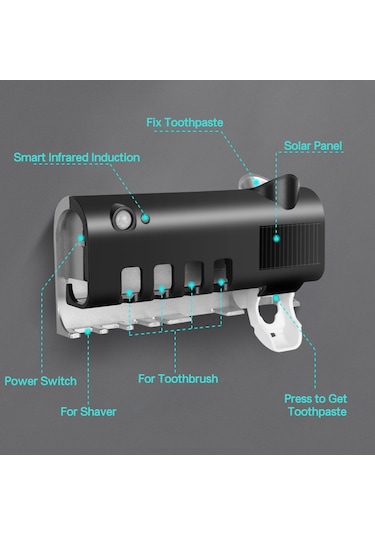 Geeksen Uv Işınlı Güneş Enerjili Şarj Edilebilir Otomatik Diş Macunu Dispenser Duvar Diş Fırçası Dezenfektör Organizer Siyah
