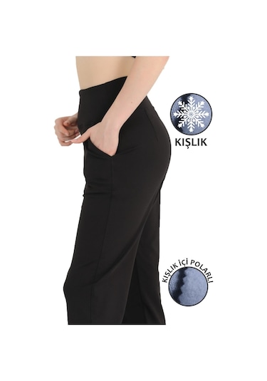Kadın Siyah Yüksek Bel Jogger Eşofman Altı Polarlı Kışlık Cepli Joggers 1062 Siyah