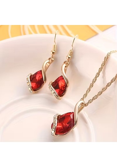 Moda Zirkon Taşlı İşlemeli Kolye, Küpe Set, Sevgililer Günü Kırmızı