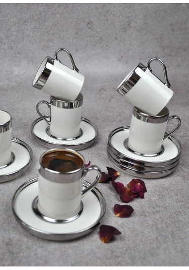 6 Kişilik 12 Parça Porselen Türk Kahve Fincan Takımı 110 Ml Sılve