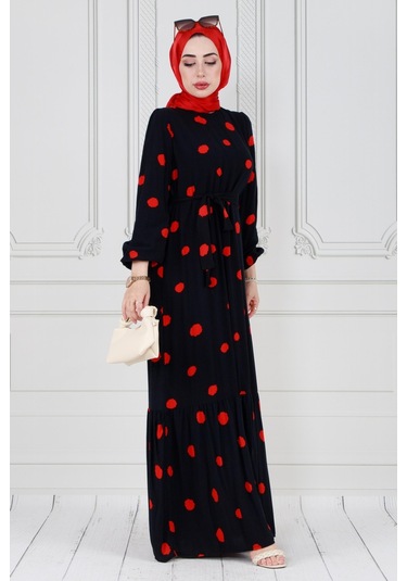 Puantiyeli Kuşaklı Tesettür Elbise-kırmızı-3588-gece Mavisi Gece Mavisi