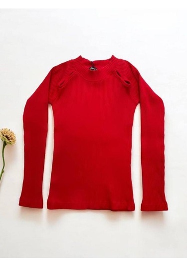 Kız Çocuk Yarım Balıkçı Yaka Detaylı Fitilli Bluz-14344 Kırmızı