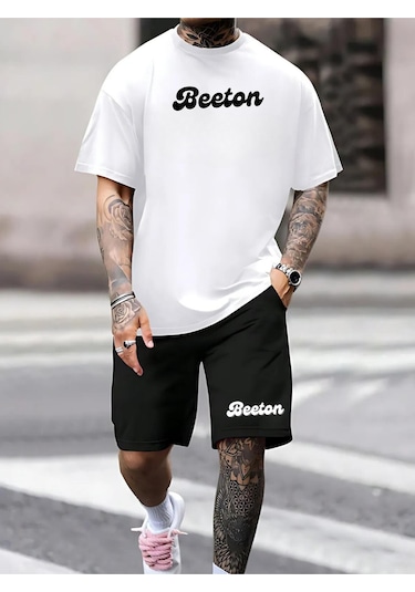 T-shirt - Şort Yazlık Takım- Oversize Bisiklet Yaka Kısa Kol Tişört - Şort Beyaz