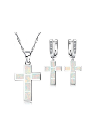 Beyaz Moda İsa Haç Aksesuarları Kadınlar Için Set İmitasyon Mavi Ateş Opal Çapraz Kolye Kolye Küpe Kadın Düğün Takısı Beyaz