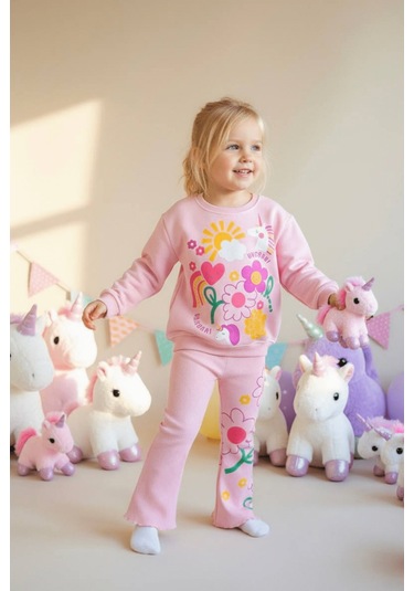 2-8 Unicorn Desenli İspanyol Taytlı Kız Çocuk Takım Pembe Pembe