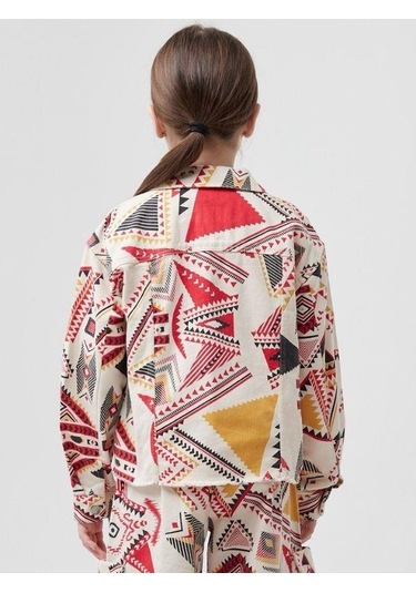 Kız Çocuk Etnik Desenli Tasarım Kot Ceket-13812 Kırmızı