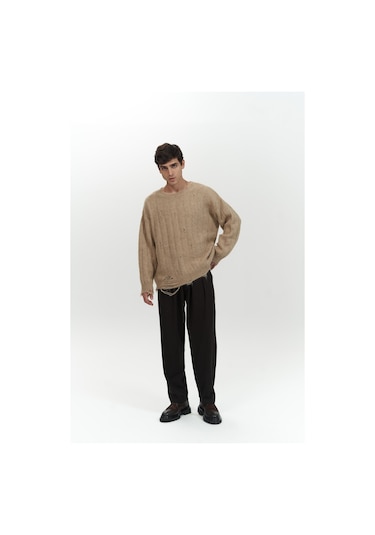 Vincent Yırtık Detay Vizon Erkek Triko Kazak Vizon