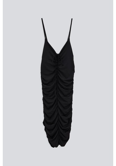 BÜZGÜLÜ ASKILI ELBİSE SİYAH